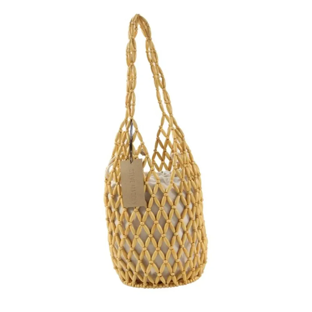 Steve Madden Womens Beaded Bucket Shoulder Handbag Yellow Natural Beige